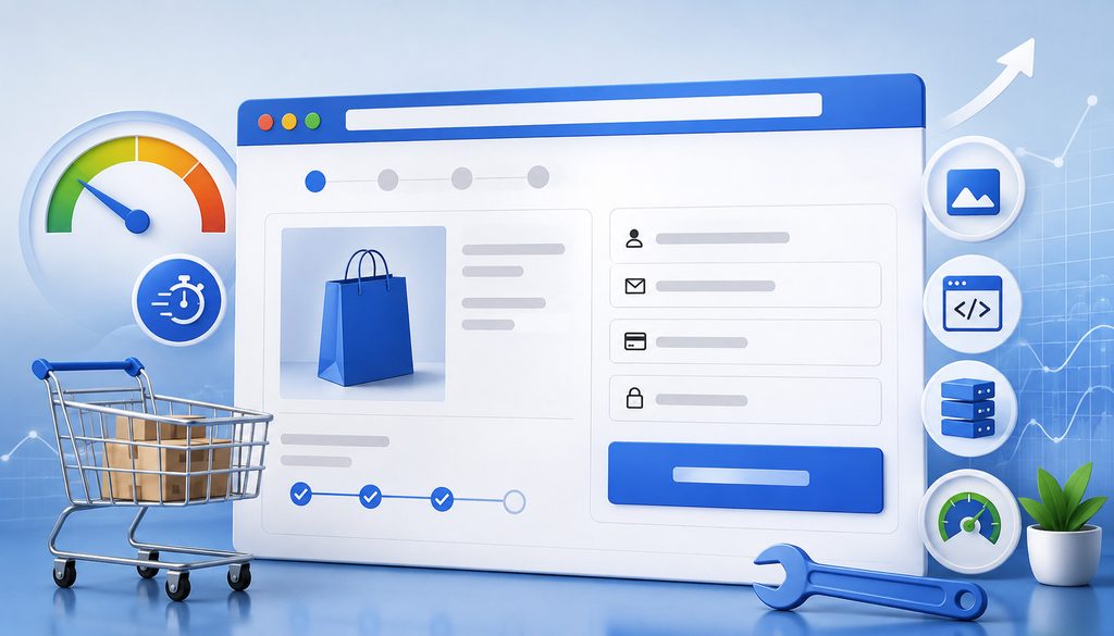 Checkout page performance optimization with LCP speed indicators and ecommerce icons