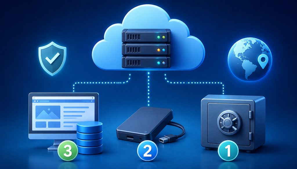 3-2-1 offsite website backup strategy with cloud and external storage