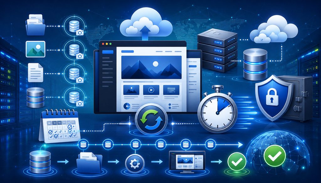 RPO, RTO, and website backup frequency illustration with cloud recovery and scheduled backups